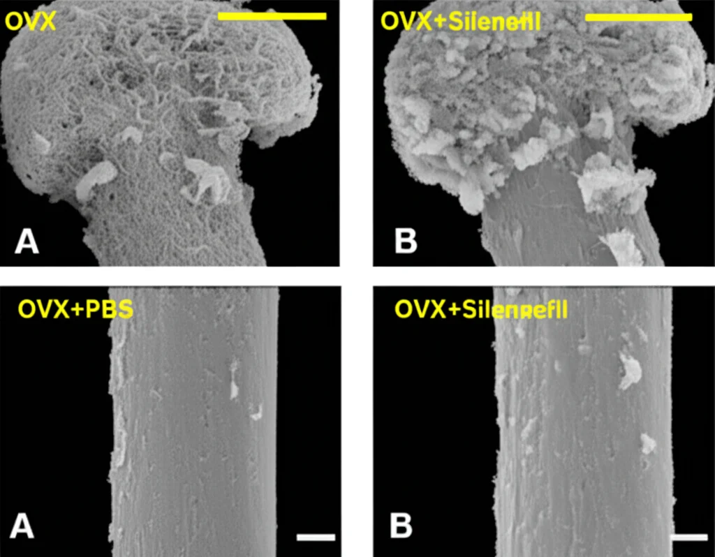 Immagine micro-CT ad alta risoluzione di sezioni trasversali di femori di topo. A sinistra, un femore di topo OVX+PBS mostra una struttura trabecolare rada e sottile. A destra, un femore di topo OVX+Sildenafil mostra trabecole ossee significativamente più spesse, numerose e interconnesse, indicando una minore perdita ossea. Illuminazione scientifica per evidenziare i dettagli strutturali.