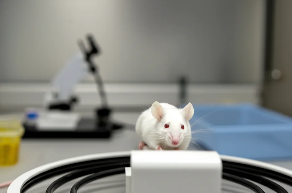 Fotografia di un topo bianco su un rotarod in un laboratorio scientifico, teleobiettivo 200mm, alta velocità dell'otturatore, tracciamento del movimento, per illustrare i test comportamentali sul recupero motorio.