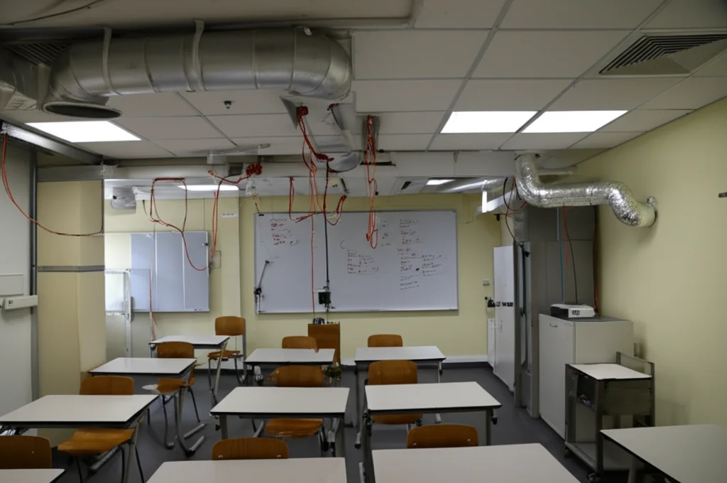 Fotografia grandangolare 18mm dell'interno dell'edificio sperimentale che simula una scuola, mostrando un'aula con strumentazione visibile (termocoppie, sensori), condotti HVAC a soffitto, luce ambientale controllata, messa a fuoco nitida su tutta la scena.
