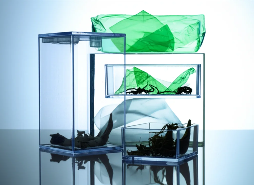 Fotografia macro di diversi tipi di rifiuti differenziati (plastica, carta, vetro, umido) ordinatamente separati in piccoli contenitori trasparenti, illuminazione da studio controllata per evidenziare le texture, alta definizione, obiettivo macro 100mm.