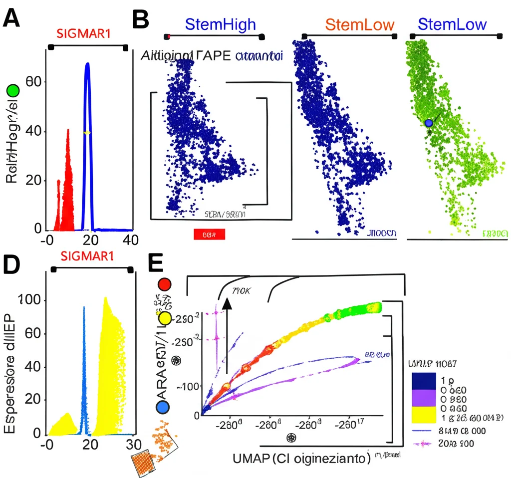 Grafico UMAP colorato che mostra la traiettoria di differenziamento delle cellule tumorali polmonari analizzate tramite scRNA-seq. Le cellule all'origine (StemHigh) sono evidenziate e mostrano alta espressione di SIGMAR1, che diminuisce lungo i percorsi verso le cellule StemLow. Grafico scientifico, alta risoluzione.