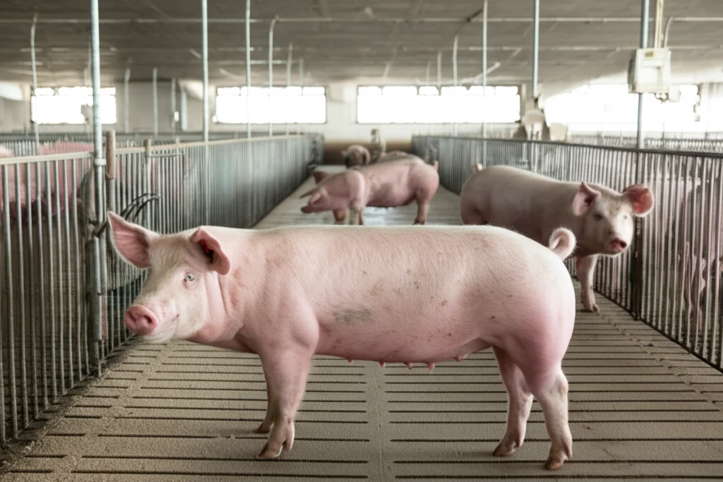 Panoramica di un moderno allevamento di suini, ampi spazi, animali che si muovono liberamente, forte senso di salute e benessere. Fotografia grandangolare con obiettivo 18mm, luce brillante e pulita, messa a fuoco nitida su tutta la scena.