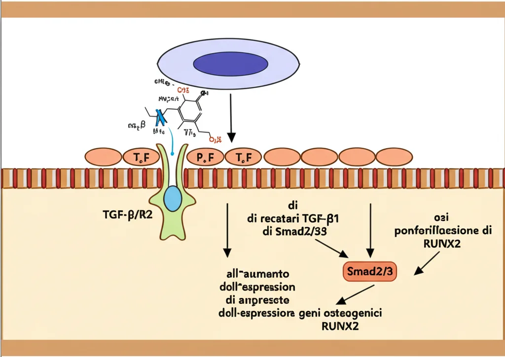 Schema infografico chiaro e moderno che illustra la via di segnalazione del TGF-β all'interno di una cellula staminale mesenchimale. Frecce indicano l'attivazione dei recettori TGF-βR1/R2 e la successiva fosforilazione di Smad2/3. Una molecola stilizzata di sildenafil è mostrata mentre potenzia questo pathway, portando all'aumento dell'espressione di geni osteogenici come RUNX2.