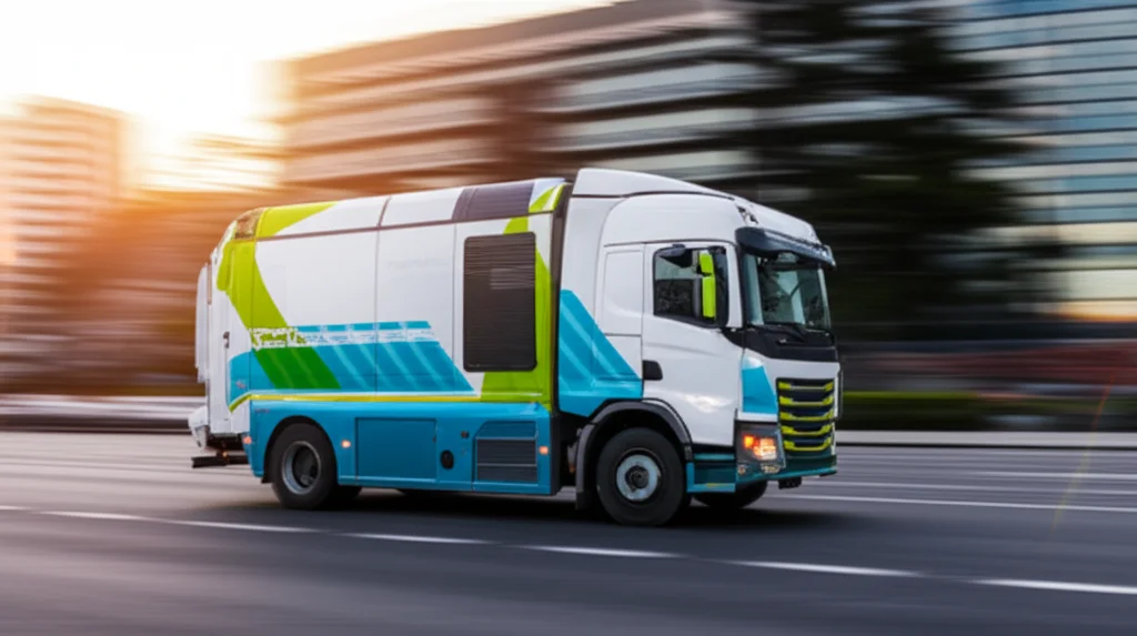 Fotografia di un camion della spazzatura 'smart' in movimento su una strada urbana al tramonto, catturato con una velocità dell'otturatore elevata per congelare l'azione, inseguimento del movimento, obiettivo zoom teleobiettivo 200mm.