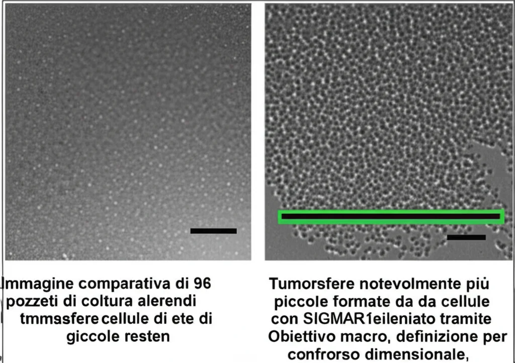 Immagine comparativa di pozzetti di coltura a 96 pozzetti a bassa aderenza. A sinistra, tumorsfere grandi formate da cellule di controllo. A destra, tumorsfere notevolmente più piccole formate da cellule con SIGMAR1 silenziato tramite siRNA. Obiettivo macro, illuminazione dall'alto, alta definizione per confronto dimensionale.