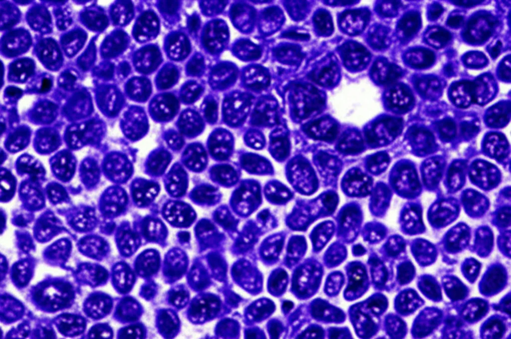 Fotografia macro, obiettivo 100mm, di cellule gastriche umane in coltura. Alcune cellule mostrano segni di piropotosi (gonfiore, bolle sulla membrana) indotta dall'infezione da H. pylori CagA-positivo. Illuminazione controllata, alta definizione, focus preciso sui dettagli cellulari.