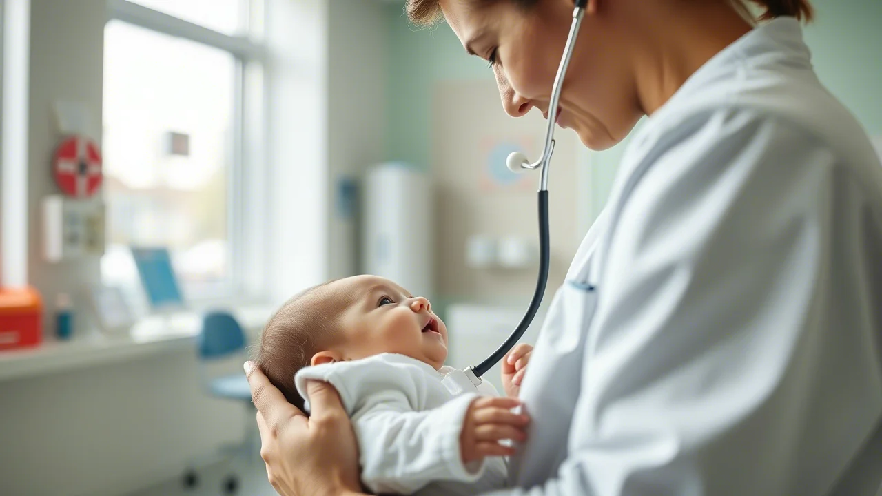 Fotografia realistica di un pediatra che ascolta il respiro di un neonato con uno stetoscopio in un ambulatorio pediatrico moderno e luminoso, obiettivo 35mm, profondità di campo che sfoca leggermente lo sfondo, luce naturale.