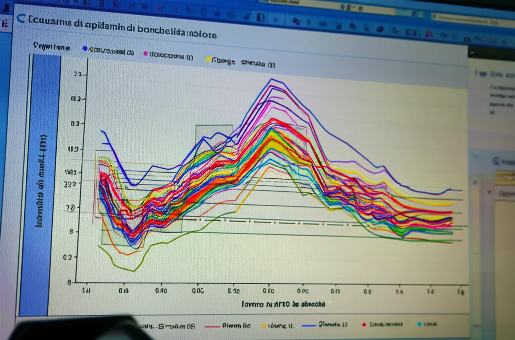 Immagine macro di uno schermo di computer che mostra grafici lineari colorati rappresentanti l'andamento delle epidemie di bronchiolite nel tempo, con soglie di intensità evidenziate, obiettivo macro 60mm, alta definizione, illuminazione controllata da ufficio.