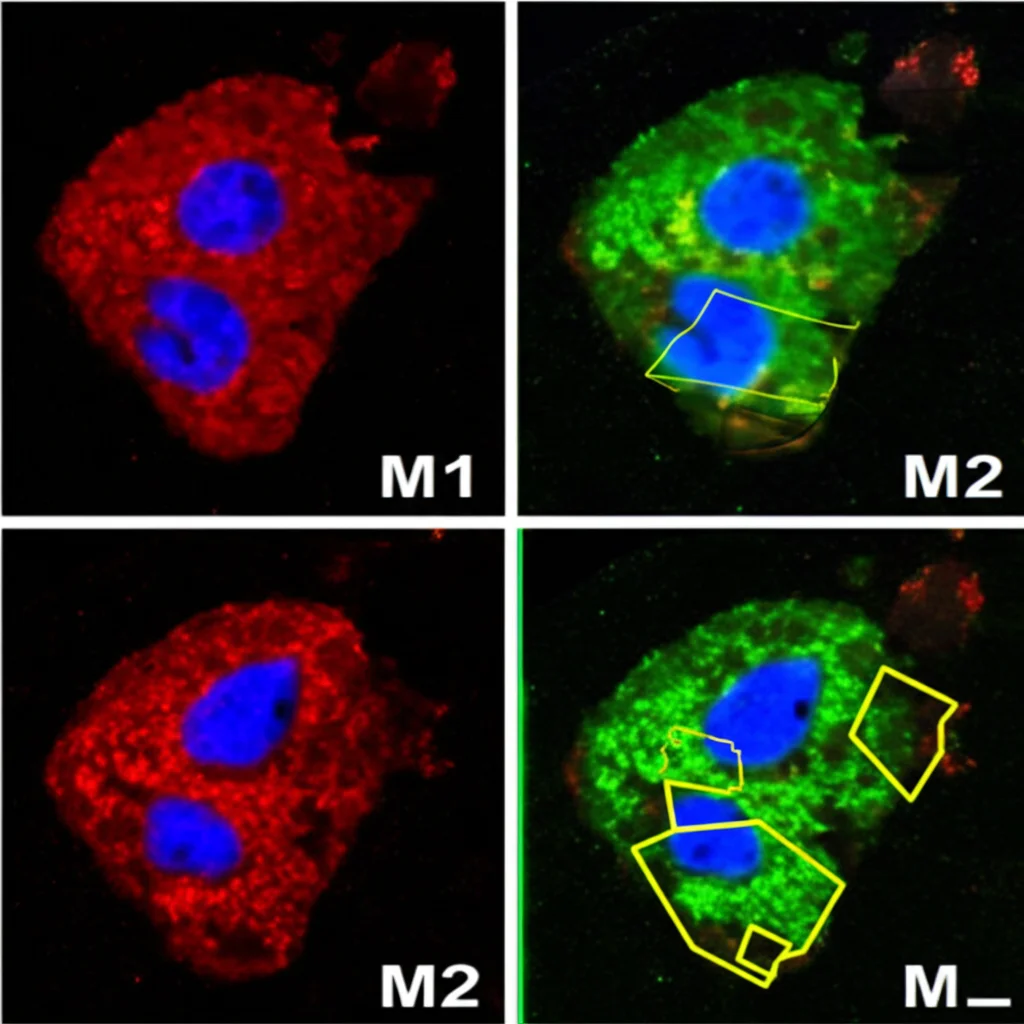 Visualizzazione al microscopio a fluorescenza, obiettivo 60mm macro, di macrofagi nel microambiente tumorale gastrico. I macrofagi M1 (marcati in verde) e M2 (marcati in rosso) sono distinguibili. L'immagine mostra una predominanza di macrofagi M2 rossi vicino alle cellule tumorali (in blu). Alta definizione, illuminazione specifica per fluorescenza.