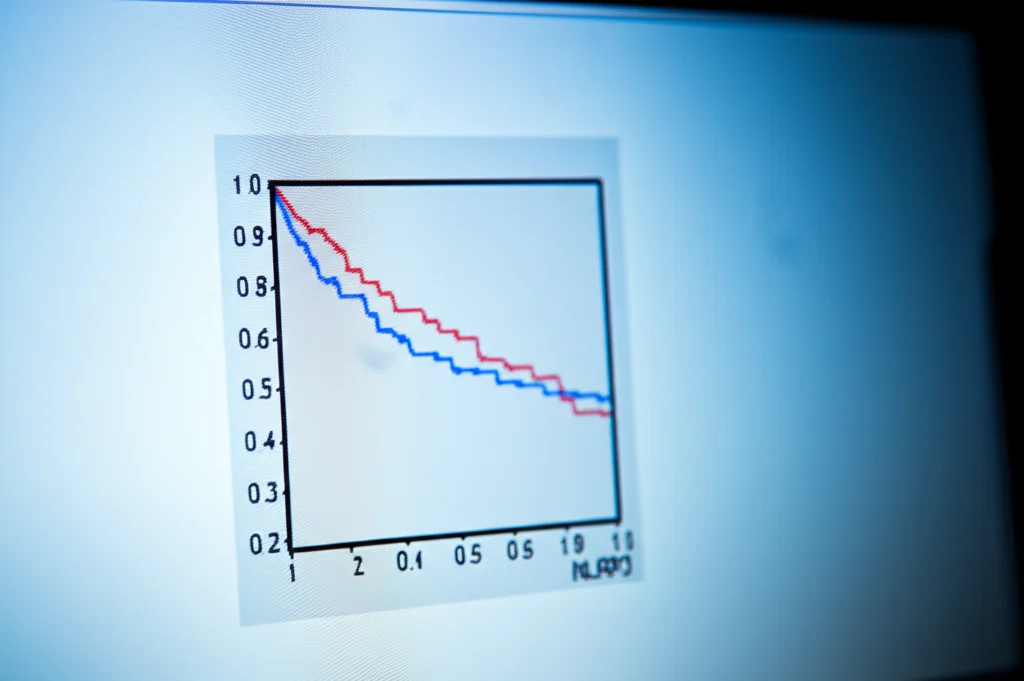 Grafico di sopravvivenza Kaplan-Meier stilizzato ma fotorealistico, visualizzato su uno schermo digitale. Due curve distinte rappresentano pazienti con cancro gastrico con alta (linea rossa, discendente rapidamente) e bassa (linea blu, discendente più lentamente) espressione di NLRP3. Focus nitido sul grafico, sfondo leggermente sfocato. Obiettivo 50mm prime.