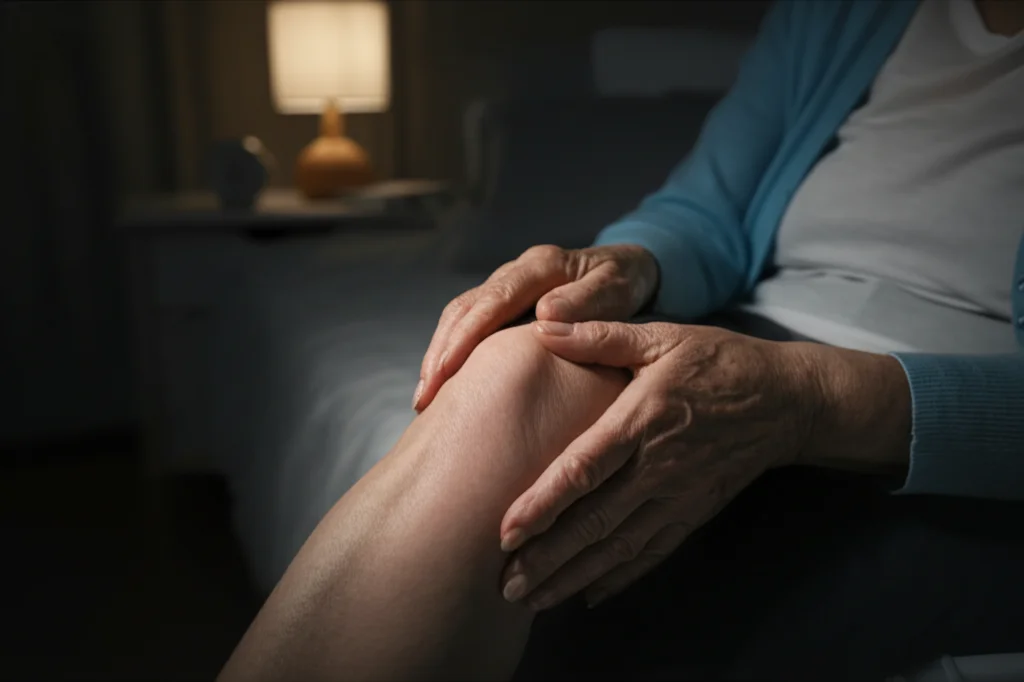 Primo piano macro, obiettivo 85mm, di mani anziane con segni di artrite che stringono delicatamente un ginocchio dolorante, illuminazione soffusa da lampada da comodino che suggerisce la notte, alta definizione della texture della pelle, profondità di campo ridotta.