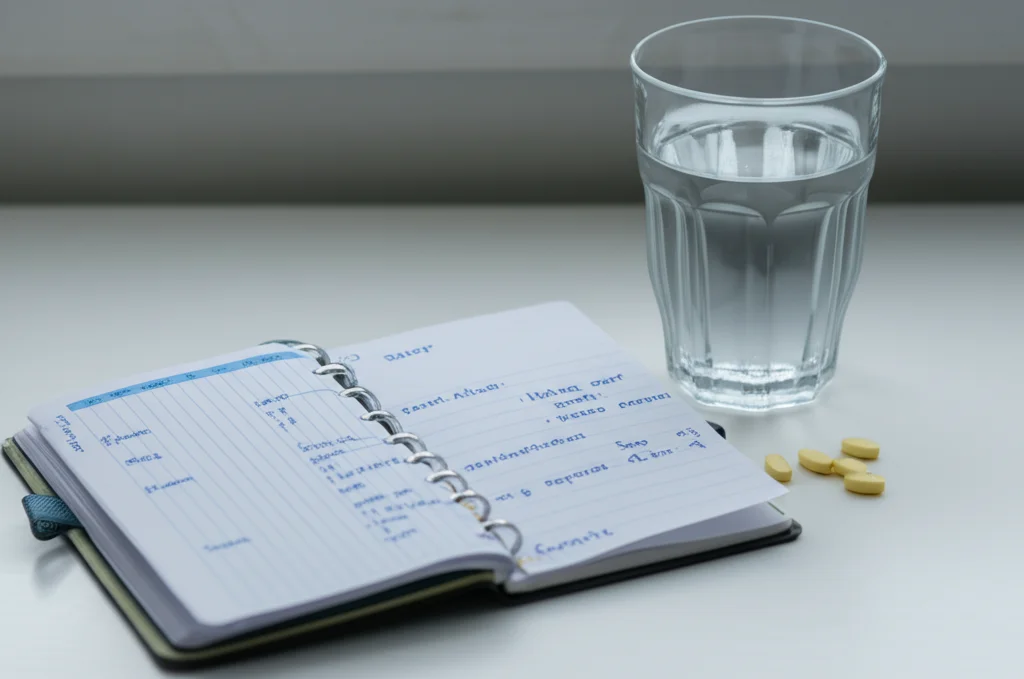 Natura morta, obiettivo macro 100mm, con alcune pillole antidolorifiche sparse accanto a un diario del sonno aperto e un bicchiere d'acqua su un comodino. Illuminazione controllata, leggermente fredda. Alta definizione, messa a fuoco precisa sulle pillole e sul testo del diario.