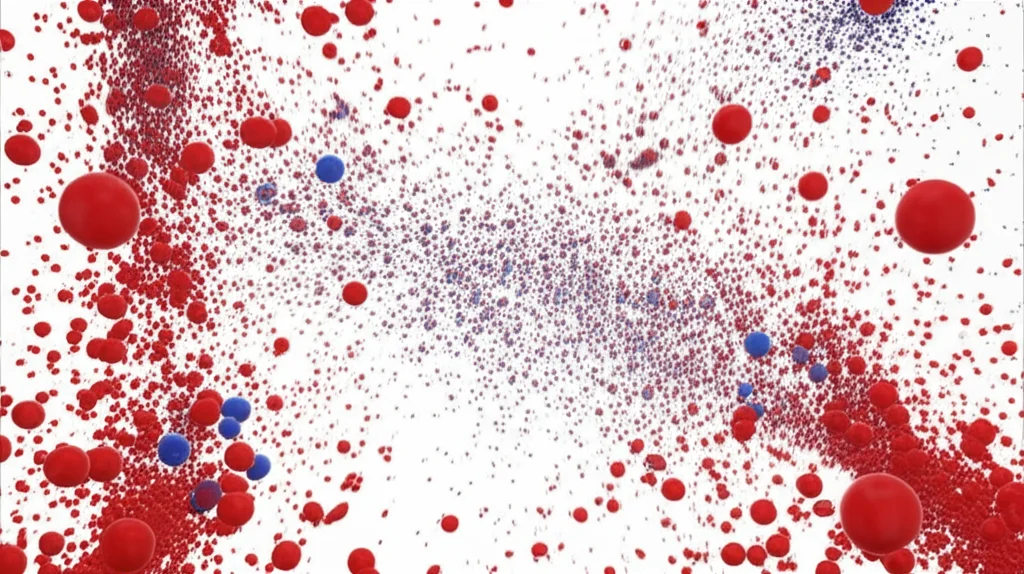 Visualizzazione 3D di particelle rosse (predatori) che inseguono particelle blu (prede) in uno spazio confinato, creando dinamiche di 'run-and-chase'. Teleobiettivo zoom 200mm, alta velocità otturatore per catturare il movimento, tracciamento del movimento.
