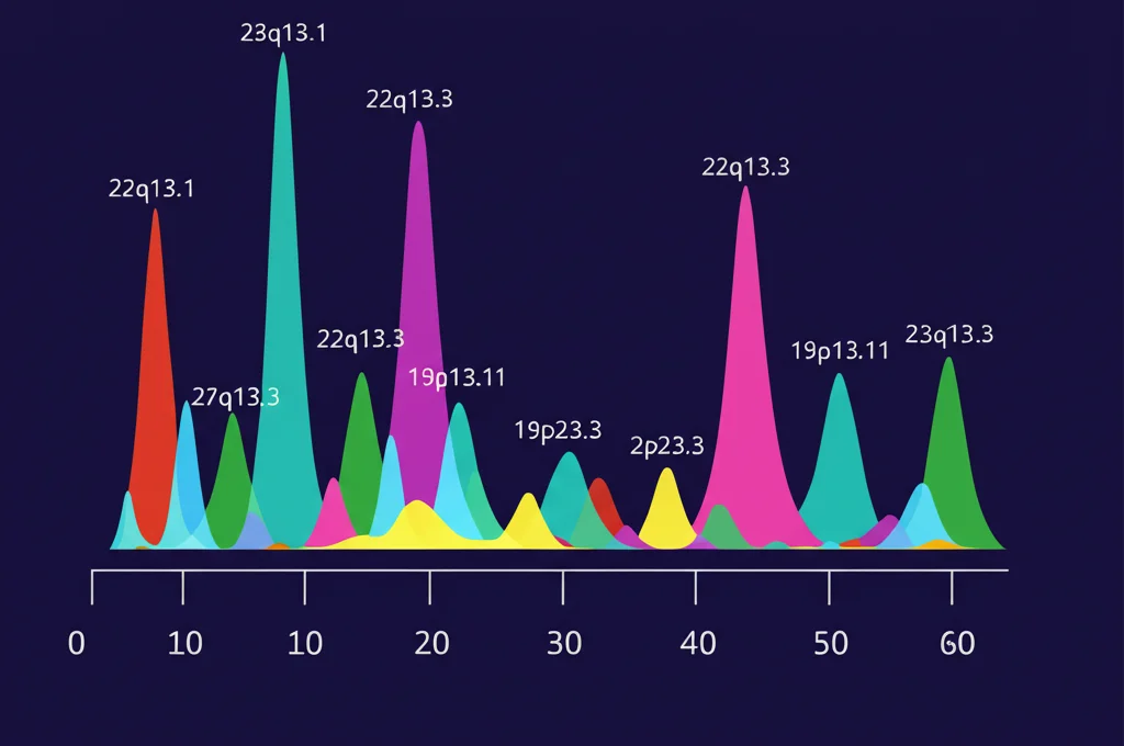 Grafico Manhattan plot stilizzato che mostra i picchi di associazione genetica su diversi cromosomi, con enfasi sui loci 22q13.3, 19p13.11 e 2p23.3, colori vivaci su sfondo scuro, focus nitido sui picchi più alti, rappresentazione artistica dei dati GWAS.