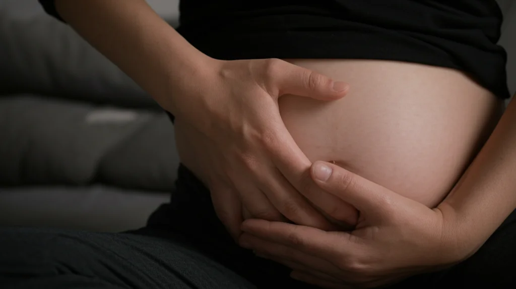 Primo piano, macro lens 85mm, mano di donna appoggiata delicatamente sul basso addome, simboleggiando consapevolezza interna e controllo muscolare. Luce soffusa e controllata, alto dettaglio.