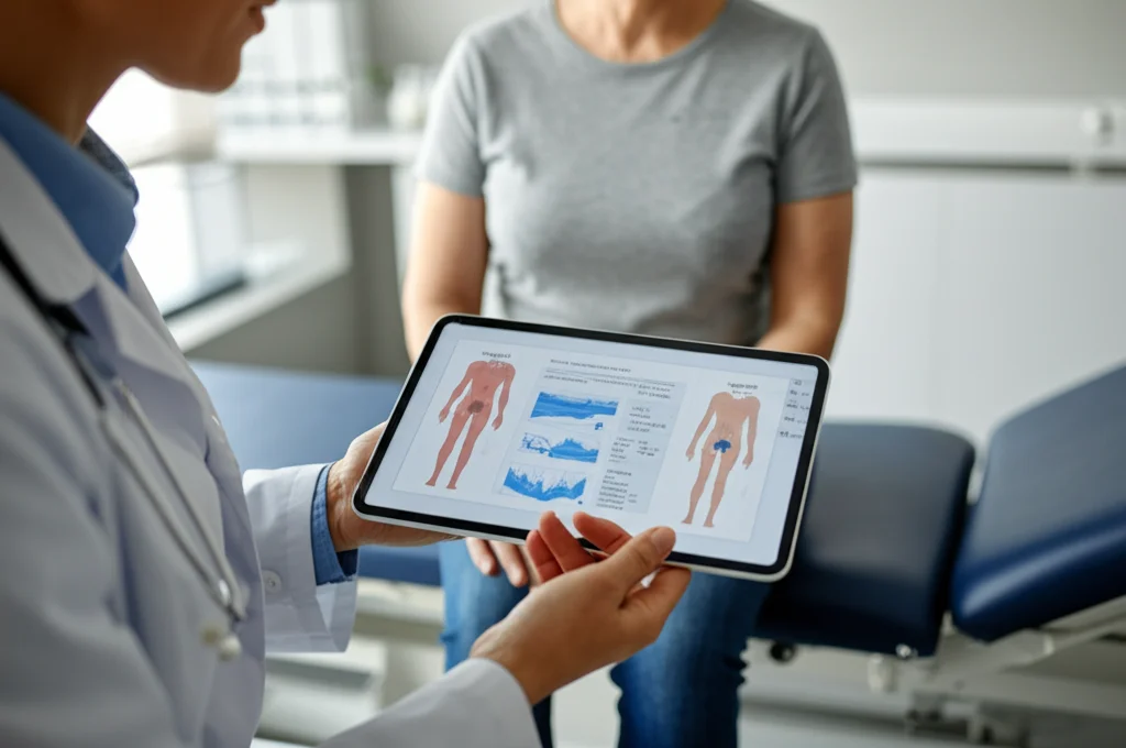 Una dottoressa spiega gentilmente i risultati su un tablet a una paziente in una clinica moderna e luminosa. Focus sull'interazione e sullo schermo del tablet che mostra dati astratti sul pavimento pelvico. Obiettivo zoom 50mm, profondità di campo.