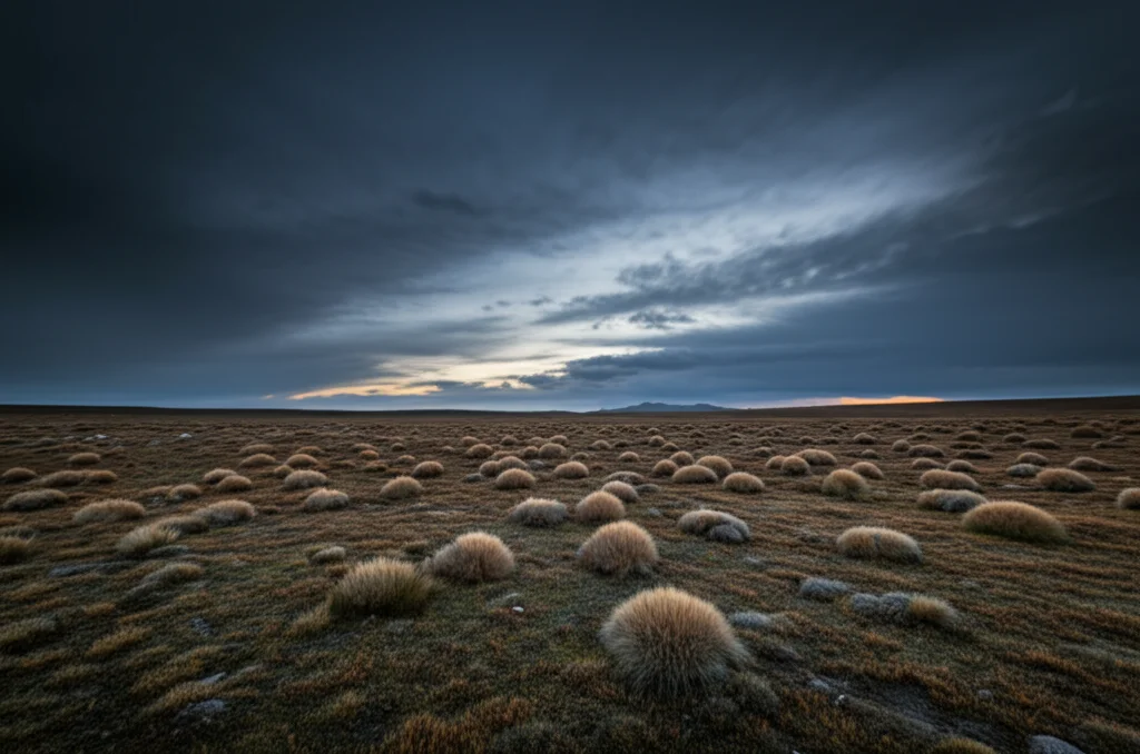 Lente grandangolare, 15 mm, focus acuto, lunga esposizione, vista paesaggistica espansiva dell'altopiano Qinghai-Xizang all'alba, mostrando grumi sparsi di erba resiliente Orinus sotto un cielo drammatico e dai toni freddi.