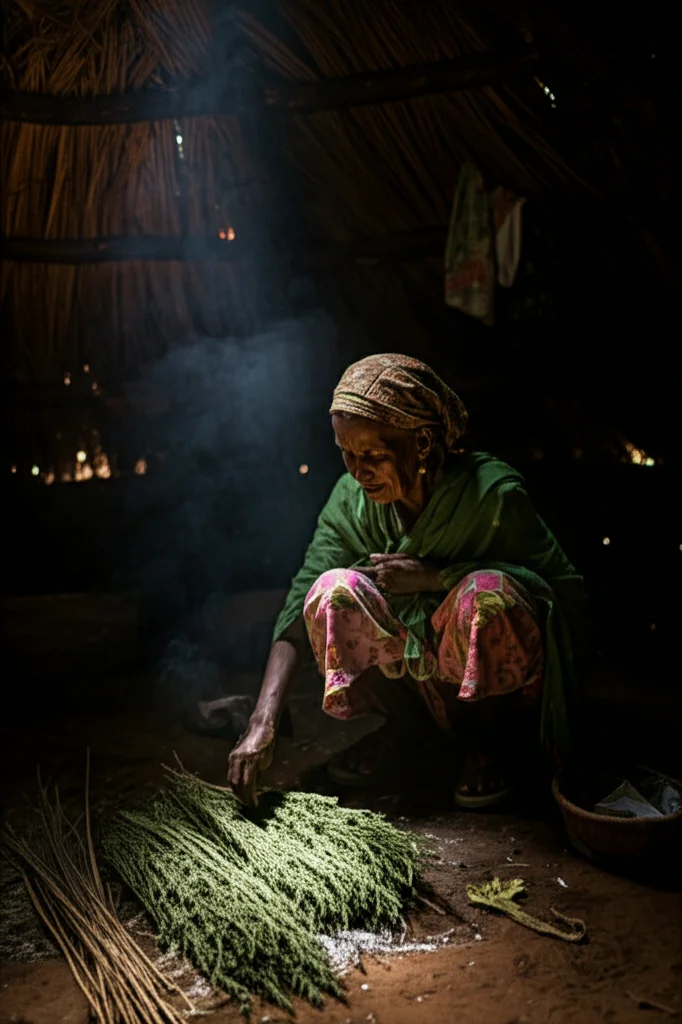 Donna anziana etiope della valle del Ghibe mentre prepara erbe tradizionali per fumigazione in una capanna poco illuminata, fumo sottile che sale da un braciere. Fotografia ritratto 35mm, stile film noir con forti contrasti luce/ombra, profondità di campo ridotta per isolare il soggetto.