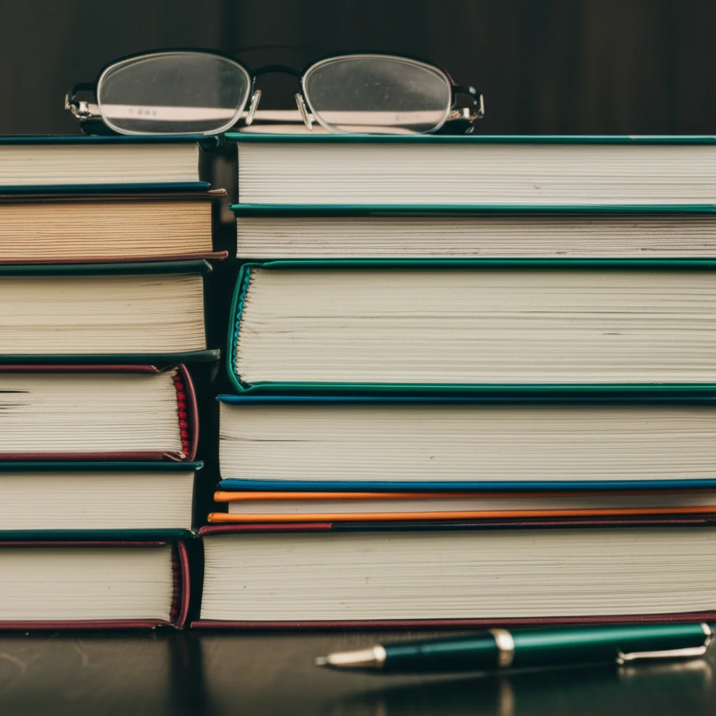 Fotografia macro, obiettivo 100mm, alta definizione, illuminazione controllata, che mostra una pila di libri di testo universitari di diverse discipline (matematica, letteratura, scienze) su una scrivania di legno scuro, con un paio di occhiali da lettura appoggiati sopra e una penna stilografica accanto.