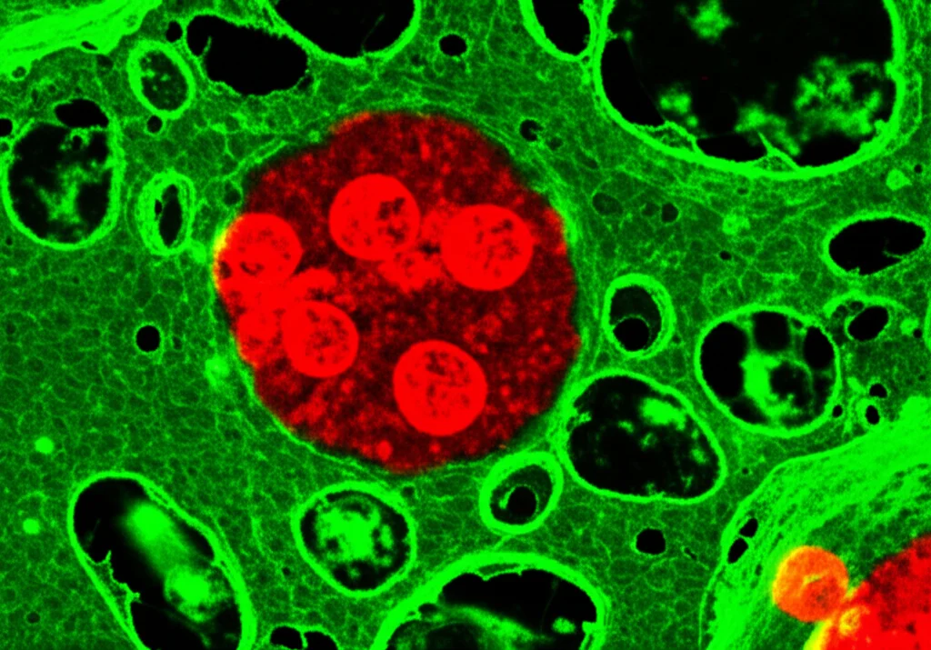 Immagine al microscopio elettronico a scansione che mostra cellule di cancro al polmone NSCLC. Alcune cellule mostrano segni morfologici di distacco dalla massa tumorale principale, suggerendo una ridotta adesione cellulare. Macro lens, 80mm, high detail, precise focusing, controlled lighting, con falsi colori per evidenziare le membrane cellulari e il nucleo.