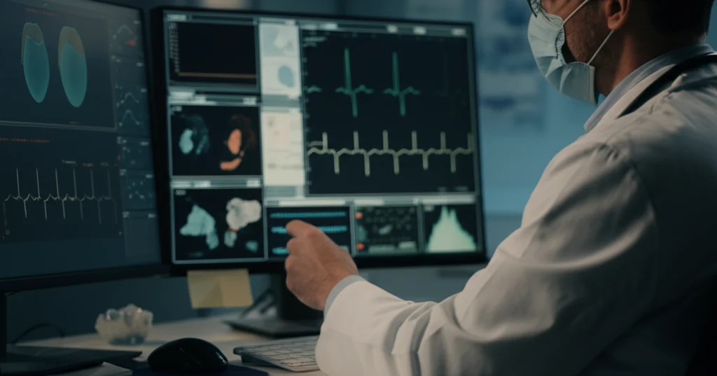 Fotografia di un cardiologo che analizza attentamente un tracciato ECG e dati clinici su un monitor ad alta risoluzione in una sala di controllo cardiologico, prime lens, 35mm, profondità di campo, luce clinica ma soffusa.