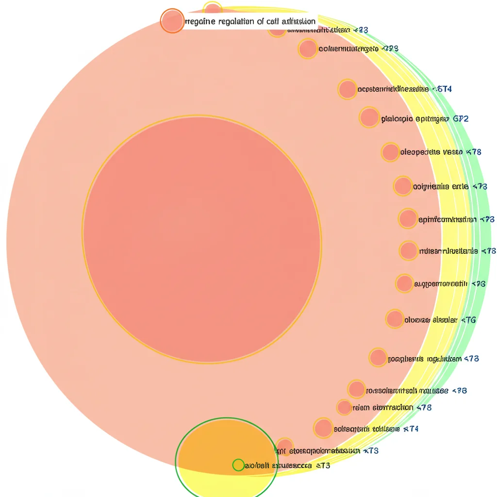 Grafico a bolle risultante da un'analisi GO (Gene Ontology) che mostra i processi biologici arricchiti. La bolla più grande e significativa indica 'negative regulation of cell adhesion'. Stile infografica scientifica, colori chiari e contrastanti, alta leggibilità dei testi.