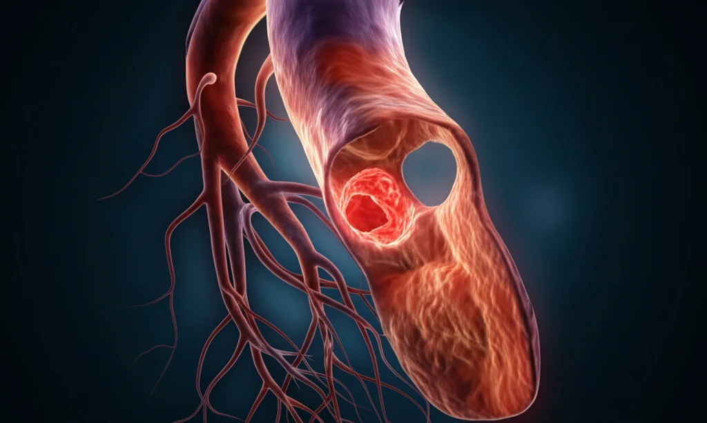 Visualizzazione 3D scientifica e fotorealistica di arterie coronarie umane su sfondo scuro, macro lens, 100mm, high detail, illuminazione focalizzata a evidenziare una stenosi critica nell'arteria coronaria destra.
