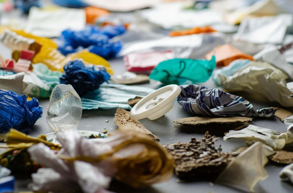 Fotografia macro di diversi tipi di rifiuti urbani misti (plastica, carta, organico) su un tavolo da laboratorio illuminato lateralmente, obiettivo macro 100mm, alta definizione dei dettagli, messa a fuoco selettiva su un pezzo di plastica.