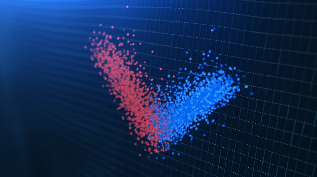 Grafico a dispersione stilizzato su schermo digitale che mostra punti dati reali (blu) e predizioni del modello Extra Trees (rosso) molto vicini tra loro, indicando alta accuratezza. Sfondo tecnologico astratto, profondità di campo.