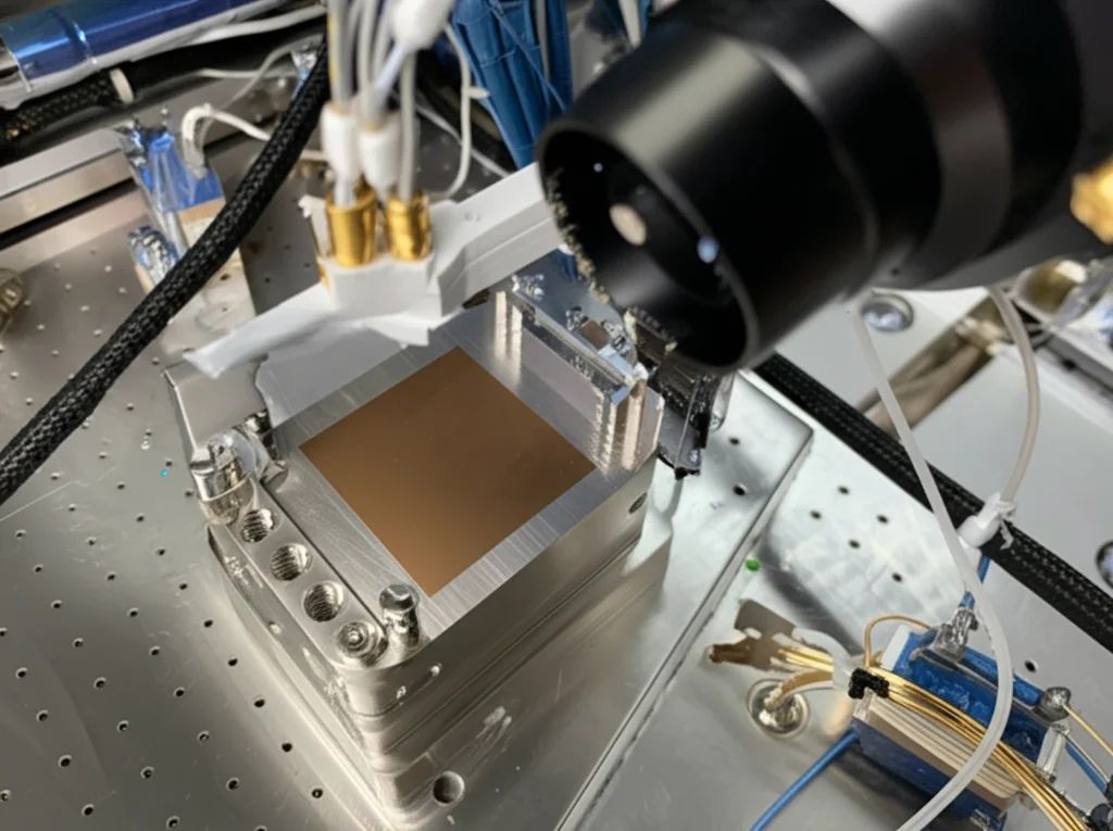 Immagine macro di un campione di TMD monostrato (es. TaS2) su un substrato di SiC/grafene all'interno di una camera da vuoto per esperimenti ARPES. Dettagli del campione e del portacampioni visibili. Obiettivo macro 100mm, alta definizione, illuminazione controllata tipica di un laboratorio scientifico.