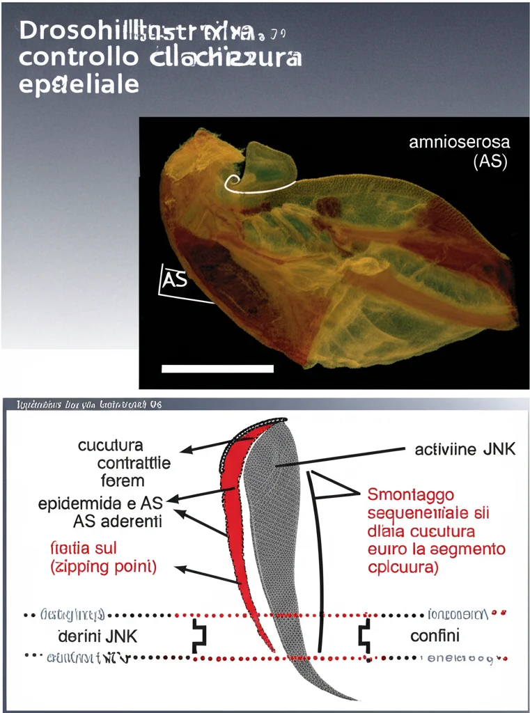 Schema illustrativo del modello di controllo della chiusura epiteliale. Mostra l'embrione di Drosophila con l'apertura dorsale, l'epidermide, l'amnioserosa (AS). Evidenzia la cucitura contrattile (seam) formata da epidermide e AS aderenti, che tira sul canthus (zipping point). Indica il ruolo delle integrine nell'adesione, l'attività JNK nella cucitura, e i confini segmentali (segment boundaries) come ancore che stabilizzano la cucitura. Mostra lo smontaggio sequenziale della cucitura dopo la chiusura di un segmento.