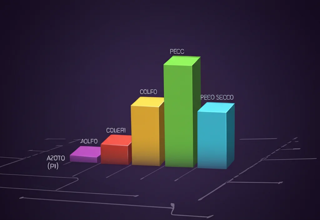 Visualizzazione 3D astratta dell'importanza delle caratteristiche: barre di diverse altezze rappresentano Azoto (più alta), Zolfo, Ceneri, Peso Secco, ecc. Colori vivaci su sfondo scuro, stile infografica high-tech.