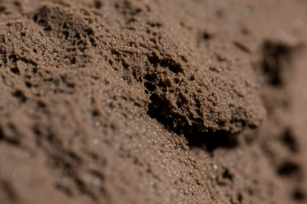 Fotografia macro di un campione di argilla limosa umida della regione di Ningbo, messa a fuoco precisa, illuminazione controllata, alta definizione, obiettivo macro 100mm, che mostra la sua consistenza soffice e l'elevato contenuto d'acqua.