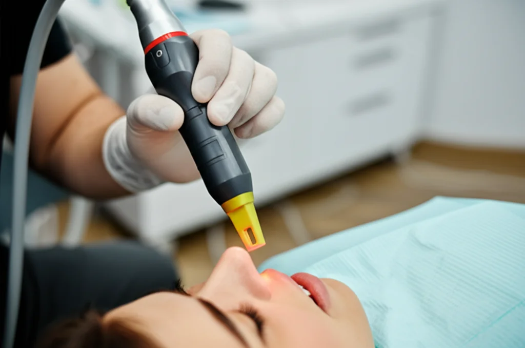 Fotografia macro di un manipolo laser per fotobiomodulazione puntato delicatamente verso la gengiva di un paziente in uno studio dentistico moderno e luminoso, messa a fuoco precisa sul punto di applicazione della luce, illuminazione controllata, obiettivo macro 85mm.