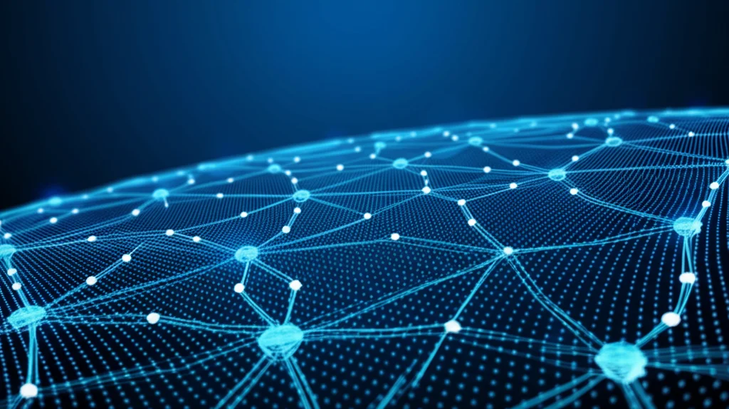 Visualizzazione astratta di una rete blockchain distribuita con nodi luminosi che rappresentano le regioni, collegati tra loro. Wide-angle lens 15mm, long exposure, sharp focus, sfondo blu scuro tecnologico.