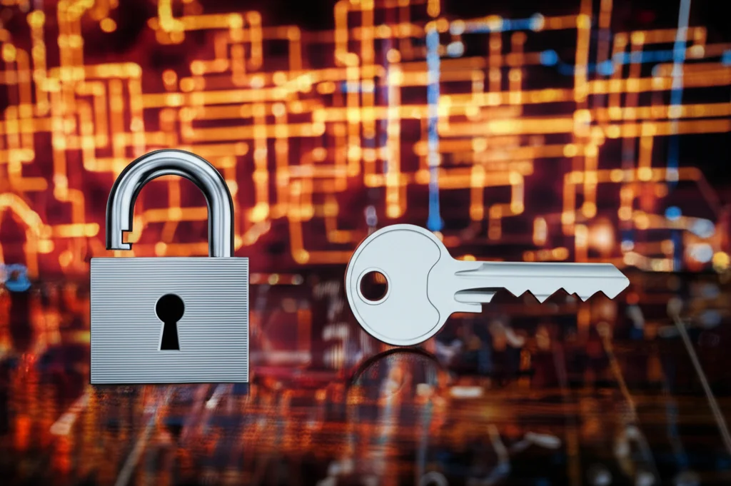 Illustrazione concettuale di un 'proxy' digitale sicuro che trasforma una chiave crittografica (lucchetto A) in un'altra (lucchetto B) per consentire l'accesso ai dati criptati. Prime lens 50mm, depth of field, illuminazione controllata, sfondo astratto.