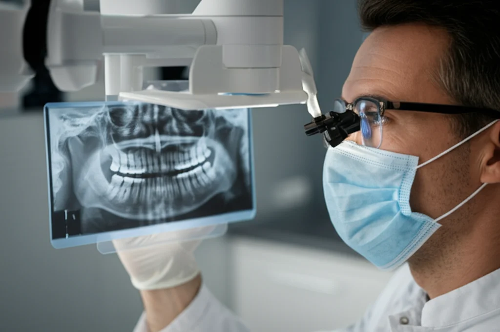 Ritratto di un dentista o chirurgo maxillo-facciale che esamina attentamente una radiografia panoramica dentale su un visore luminoso, espressione concentrata, ambientazione studio medico, obiettivo prime 35mm, profondità di campo ridotta.