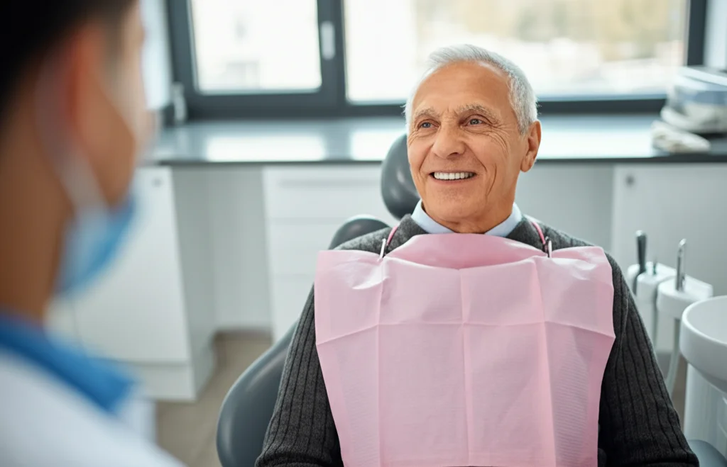 Fotografia di un paziente anziano sorridente durante un controllo post-operatorio nello studio dentistico, luce naturale dalla finestra, atmosfera rassicurante, obiettivo 50mm.