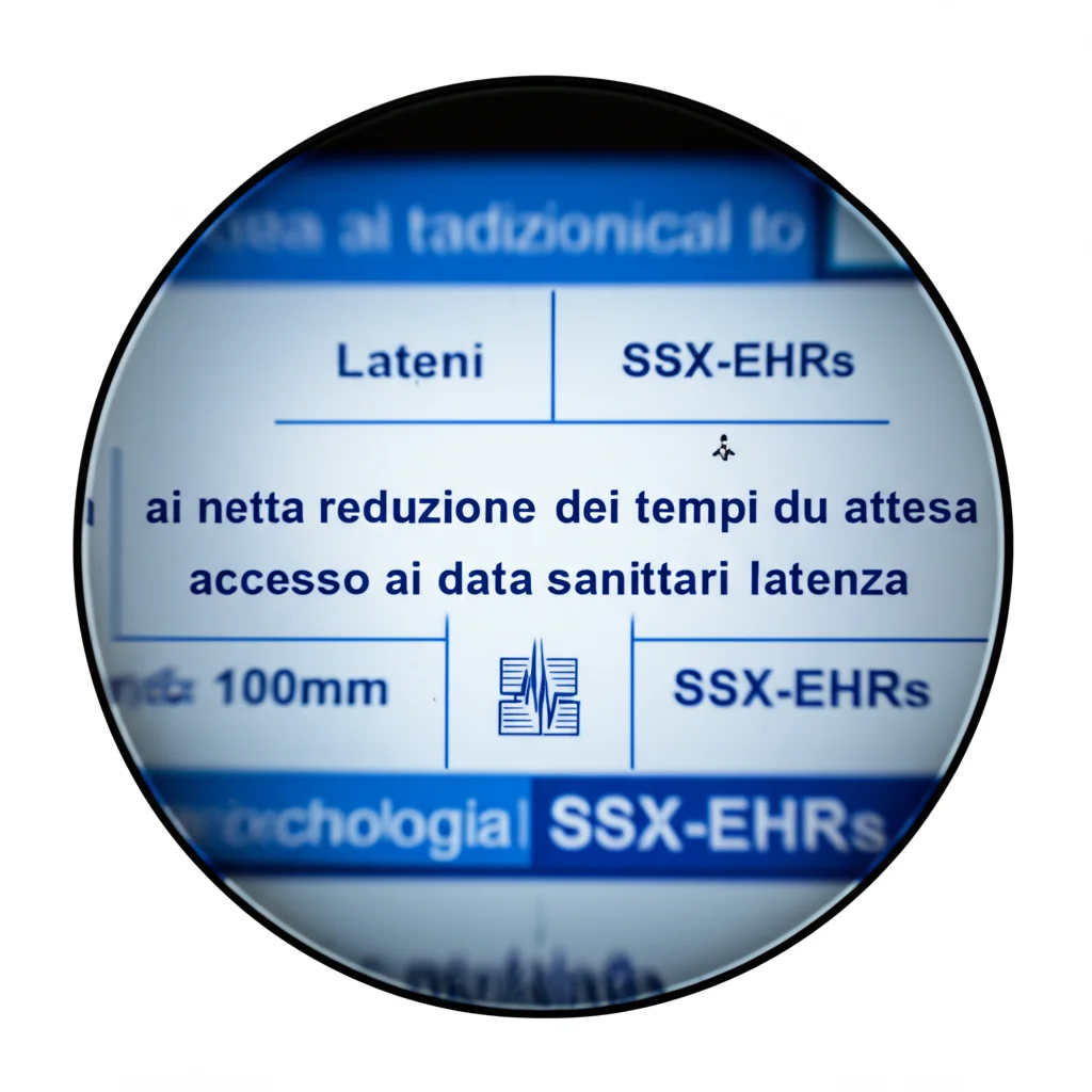 Grafico stilizzato che mostra una netta riduzione dei tempi di attesa (latenza) per l'accesso ai dati sanitari con la tecnologia SSX-EHRs rispetto ai metodi tradizionali. Macro lens 100mm, high detail, precise focusing, sfondo bianco pulito.