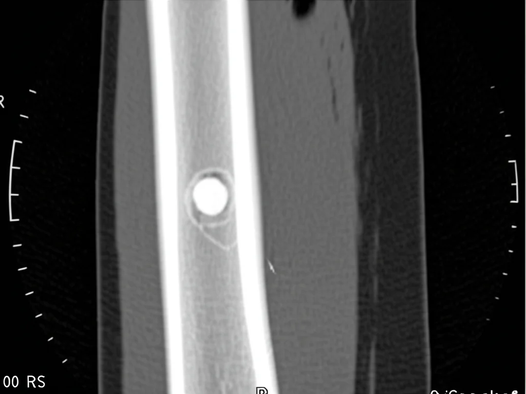 Immagine medica CT che mostra un osteoma osteoide in un osso lungo, evidenziando il nidus centrale ipodenso e la sclerosi reattiva circostante. Illuminazione controllata, lente macro 90mm, alta definizione per dettaglio osseo.