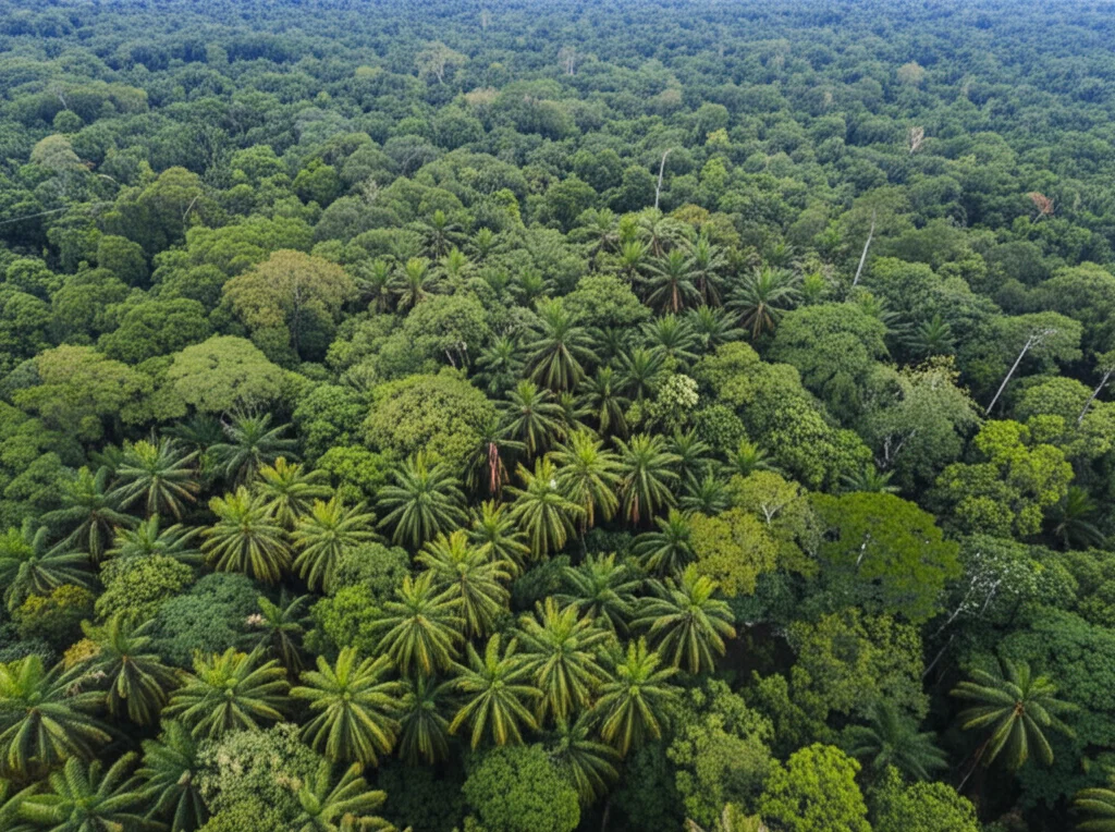 Fotografia aerea scattata da un drone che sorvola una fitta foresta di palme nell'Amazzonia peruviana. Obiettivo grandangolare 20mm, luce diurna diffusa dalle nuvole, messa a fuoco nitida sull'intera chioma verde sottostante, mostrando la vastità e la densità della vegetazione. Alta risoluzione.