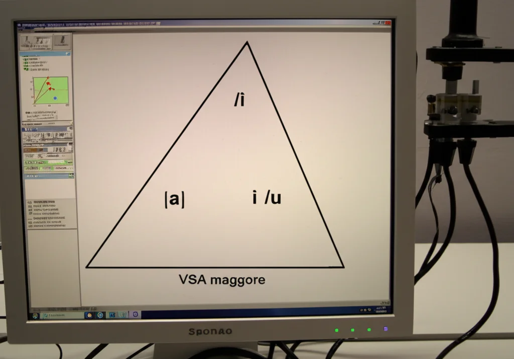 Visualizzazione grafica dello spazio vocalico su un computer, con triangoli che rappresentano le vocali /a/, /i/, /u/. Un triangolo più grande indica una VSA maggiore. Immagine macro, alta definizione, illuminazione da laboratorio, obiettivo 60mm macro, messa a fuoco precisa sui punti dati delle formanti F1 e F2.