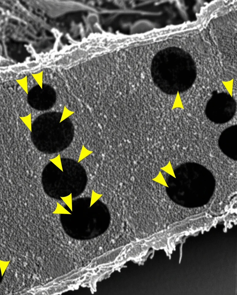Micrografia elettronica a trasmissione (TEM) fotorealistica di un segmento interno di fotorecettore di topo, che mostra chiaramente l'accumulo di autofagosomi (strutture vescicolari grandi e scure) indicati da frecce gialle. Illuminazione ad alto contrasto, lente macro, 80mm, messa a fuoco precisa su organelli, alta definizione.