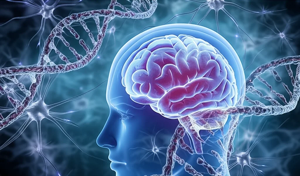 Visualizzazione astratta di doppie eliche di DNA che si intrecciano con neuroni stilizzati del cervello, illuminazione controllata high detail, macro lens 80mm, a simboleggiare l'analisi genetica delle malattie neurologiche e la loro potenziale connessione.