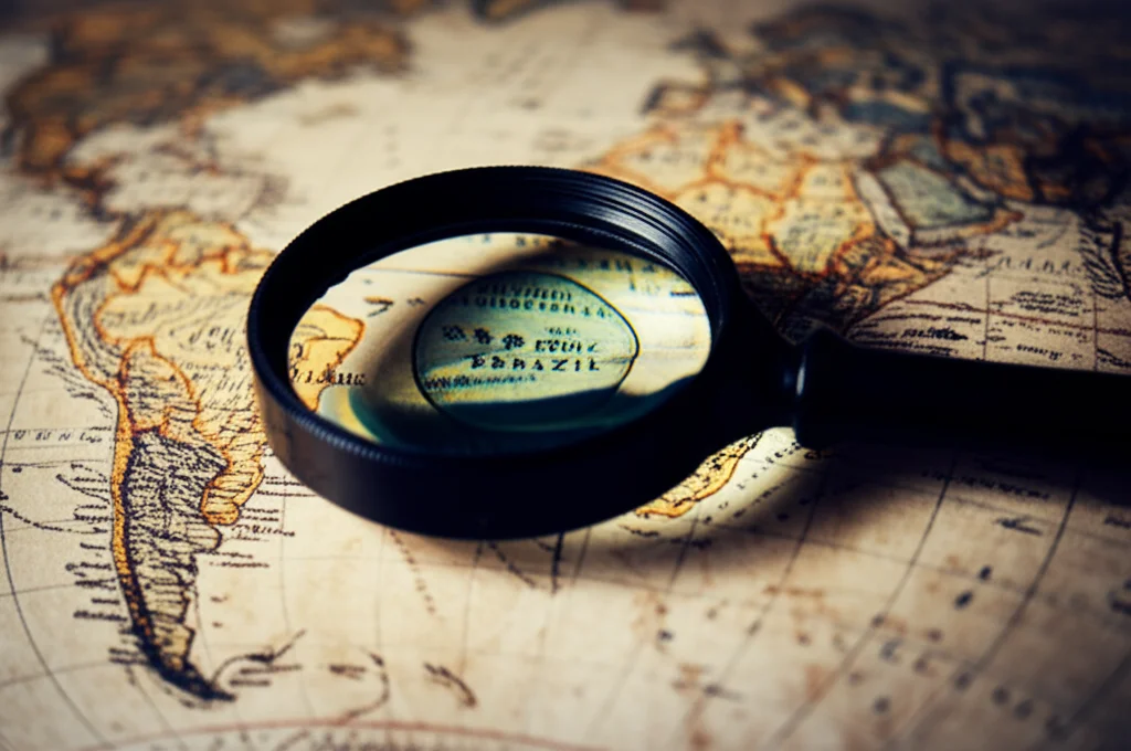 Fotografia macro di una mappa del mondo antica e leggermente usurata, illuminata da una luce calda laterale. Una lente d'ingrandimento è posizionata sopra il Brasile, facendolo apparire vivido e a fuoco, mentre il Giappone e il Regno Unito sono leggermente fuori fuoco e in ombra sullo sfondo. Obiettivo macro 100mm, alta definizione, messa a fuoco precisa sul Brasile.