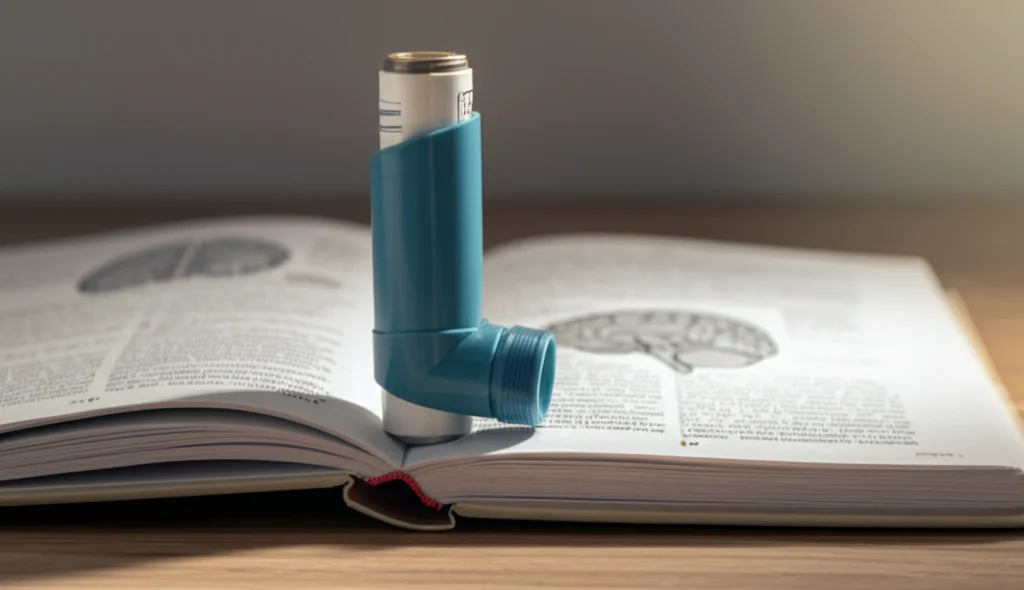 Primo piano di un inalatore per l'asma appoggiato su un libro aperto che mostra diagrammi stilizzati del cervello umano, luce soffusa laterale, depth of field, prime lens 50mm, per illustrare la connessione bidirezionale tra asma e salute neurologica come l'Alzheimer.