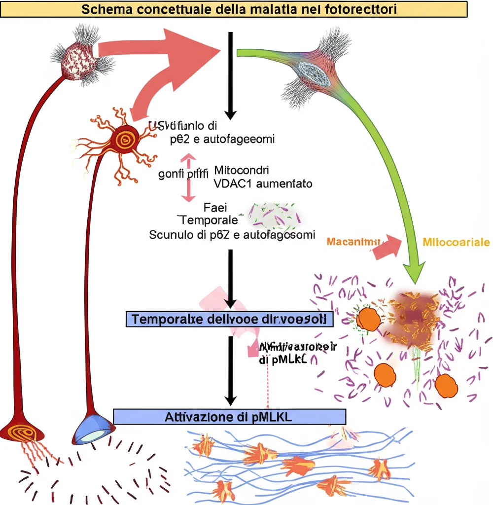 Schema concettuale che illustra la progressione della malattia nei fotorecettori: una freccia temporale mostra le fasi iniziali con disfunzione dell'autofagia (accumulo di p62 e autofagosomi), seguite da stress mitocondriale (mitocondri gonfi, VDAC1 aumentato) e infine la morte cellulare per necroptosi (attivazione di pMLKL). Stile infografica chiara e moderna.