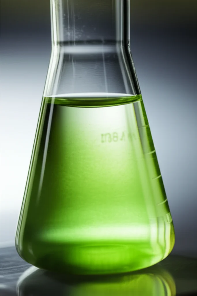 Macro fotografia, 90mm lens, di acqua limpida in un becher da laboratorio con una sottile sfumatura verdastra che suggerisce contaminazione da erbicida, alto dettaglio, messa a fuoco precisa, illuminazione controllata da laboratorio, accennando alla presenza di atrazina disciolta.