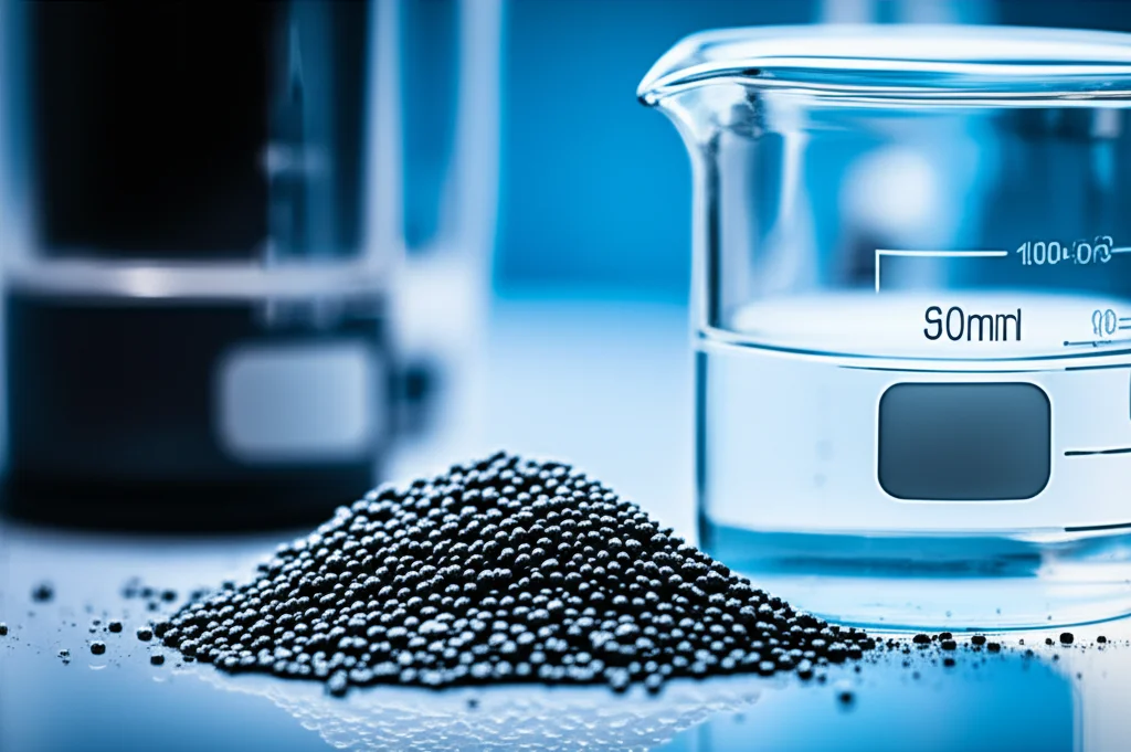 Still life, macro lens, 70mm, che mostra una polvere scura di nanoparticelle di ZnFe2O4 accanto a un becher contenente un liquido trasparente (simulando la soluzione PMS/ATZ), alto dettaglio, illuminazione controllata su un banco di laboratorio.