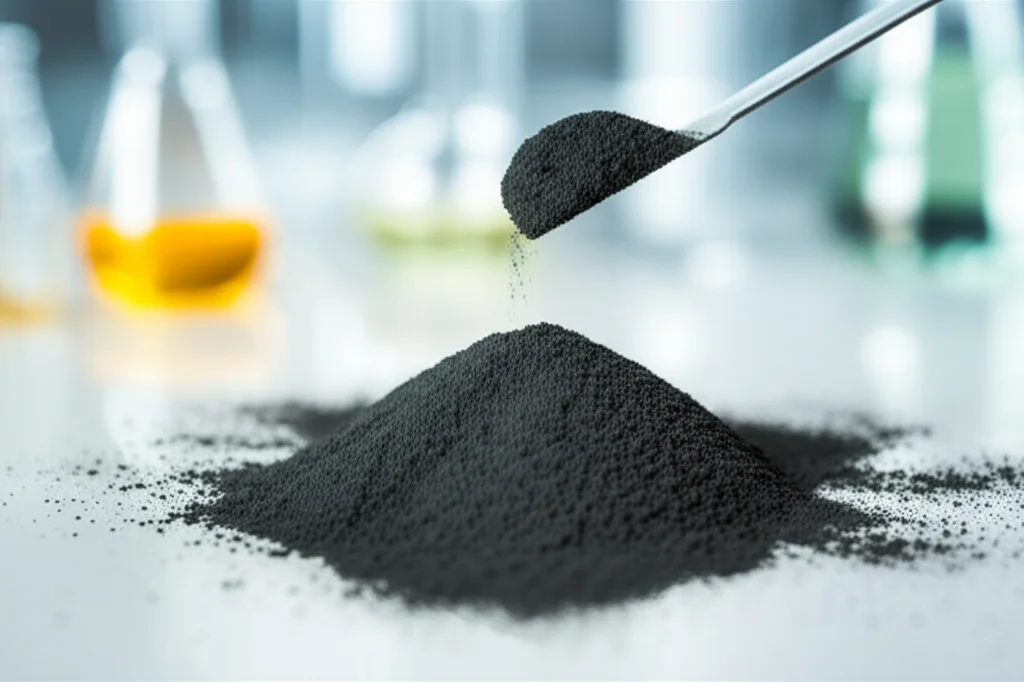 Immagine fotorealistica, obiettivo prime 50mm, che mostra una piccola pila di polvere scura di catalizzatore ZnFe2O4 mentre viene accuratamente raccolta con una spatola per il riutilizzo in un ambiente di laboratorio, profondità di campo focalizzata sulla polvere, sfondo leggermente sfocato che mostra attrezzature di laboratorio.